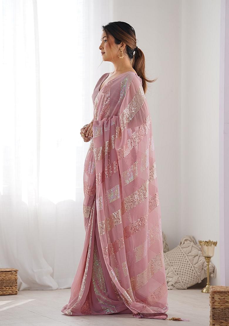Pink Sequin Embroidered Georgette Saree Set