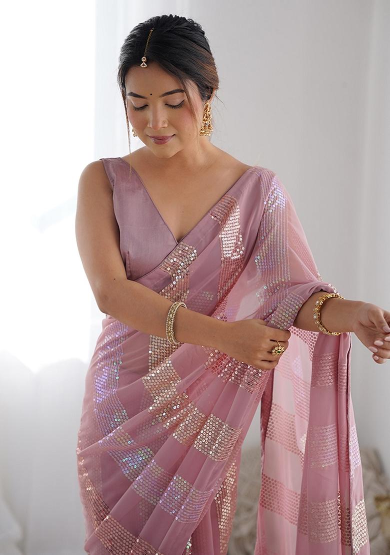 Pink Sequin Embroidered Georgette Saree Set