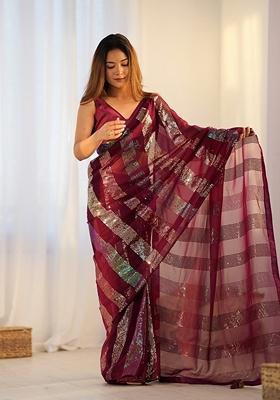 Maroon Sequin Embroidered Georgette Saree Set