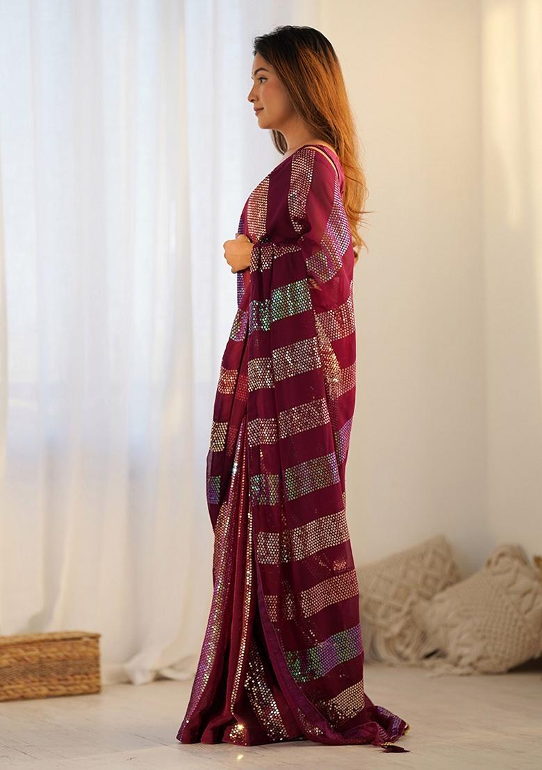 Maroon Sequin Embroidered Georgette Saree Set