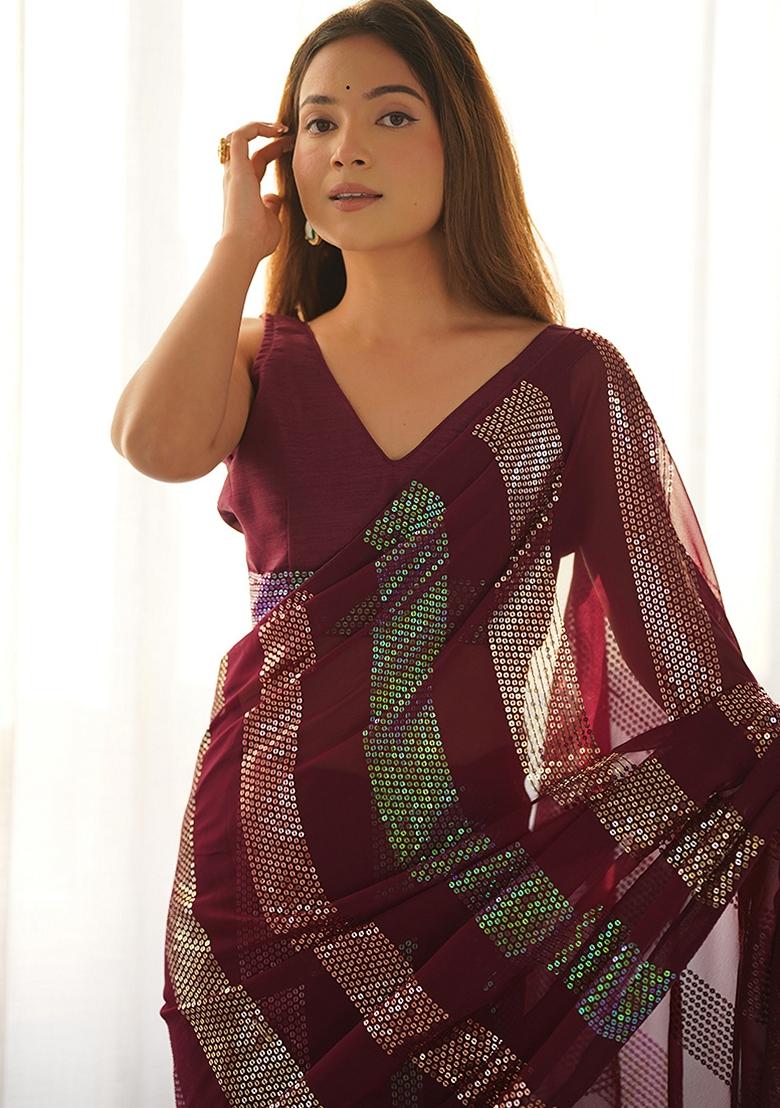 Maroon Sequin Embroidered Georgette Saree Set