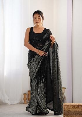 Black Sequin Embroidered Georgette Saree Set