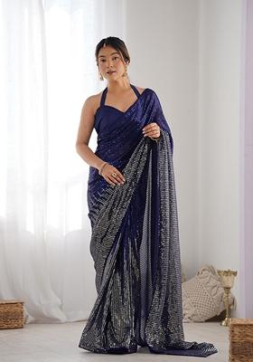 Blue Sequin Embroidered Georgette Saree Set