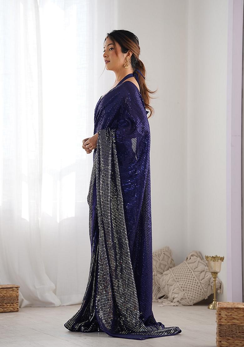 Blue Sequin Embroidered Georgette Saree Set