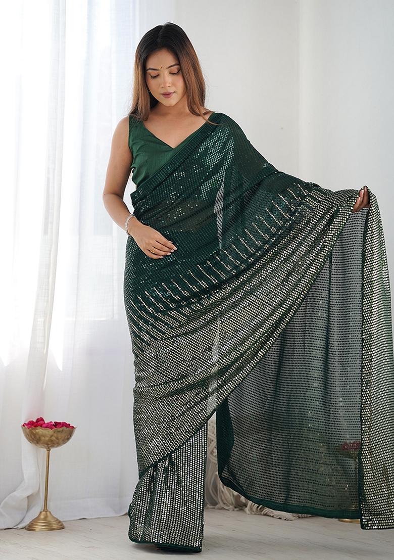 Bottle Green Sequin Embroidered Georgette Saree Set