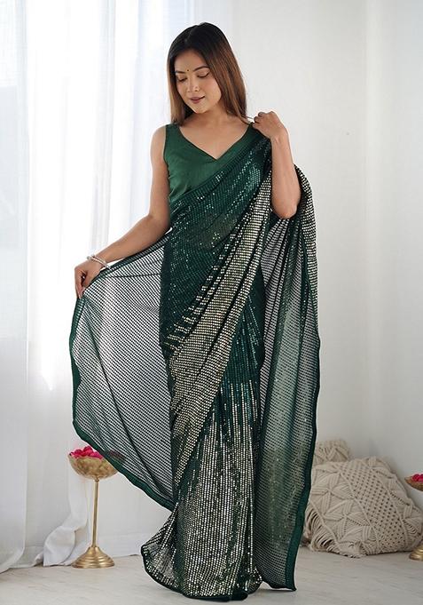 Bottle Green Sequin Embroidered Georgette Saree Set