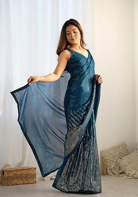 Morpeach Blue Sequin Embroidered Georgette Saree Set