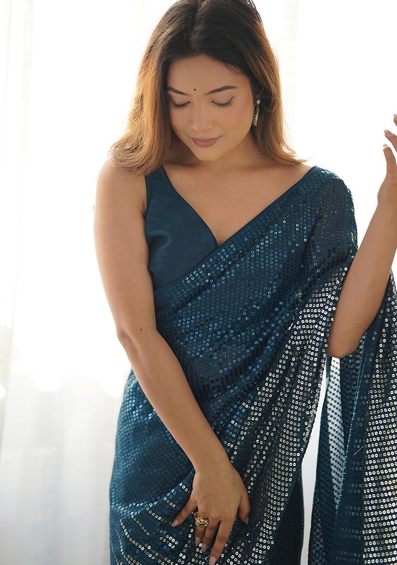 Morpeach Blue Sequin Embroidered Georgette Saree Set