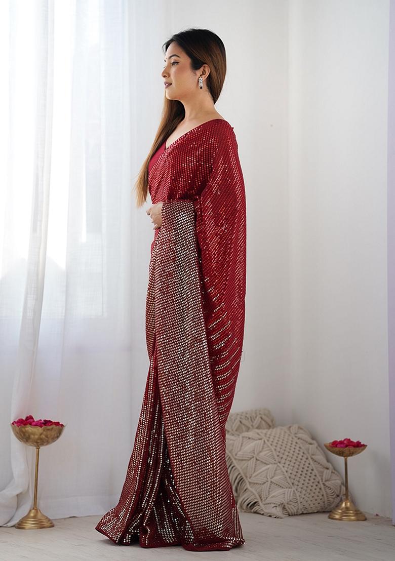 Red Sequin Embroidered Georgette Saree Set