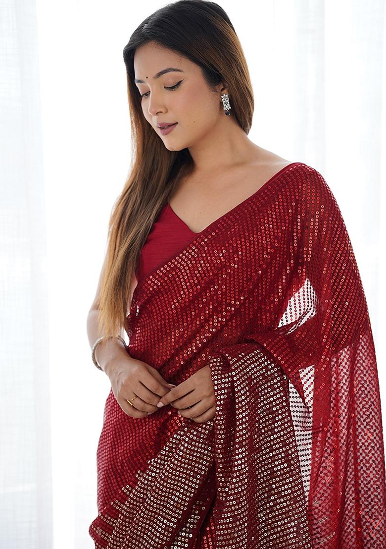 Red Sequin Embroidered Georgette Saree Set