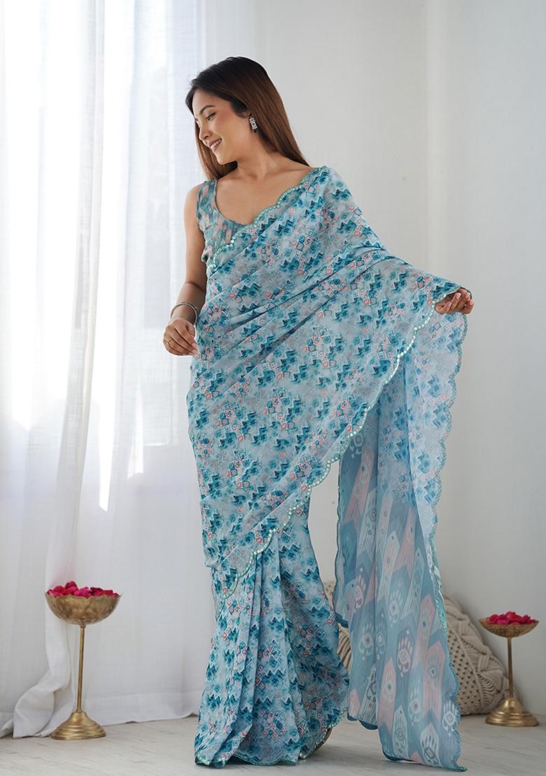 Light Blue Mirror Work Chinon Saree Set