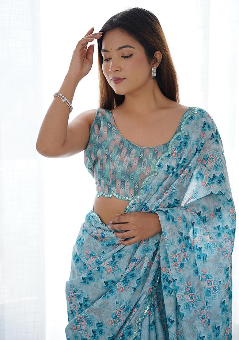 Light Blue Mirror Work Chinon Saree Set