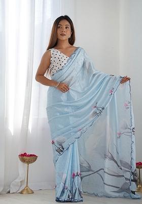 Sky Blue Mirror Work Chinon Saree Set