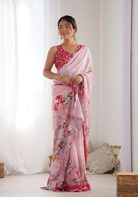 Light Pink Mirror Work Chinon Saree Set