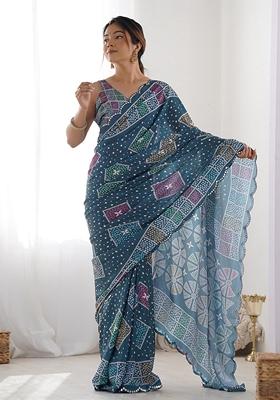 Teal Blue Mirror Work Chinon Saree Set
