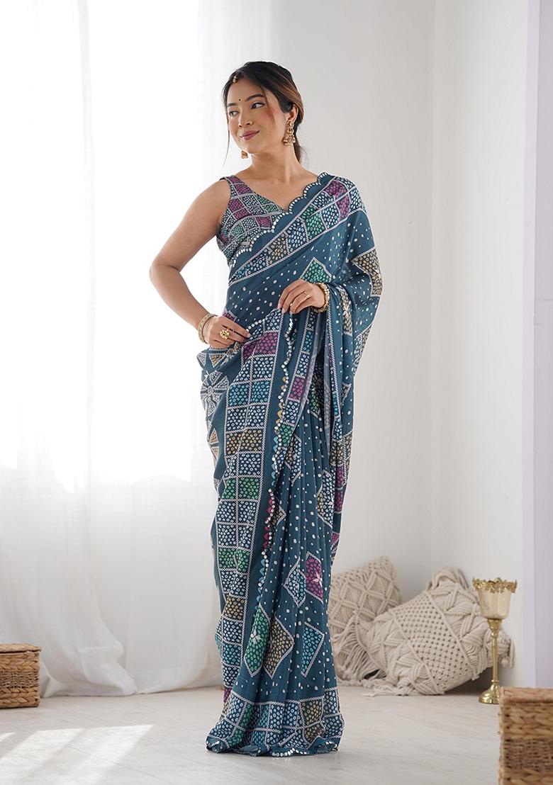 Teal Blue Mirror Work Chinon Saree Set