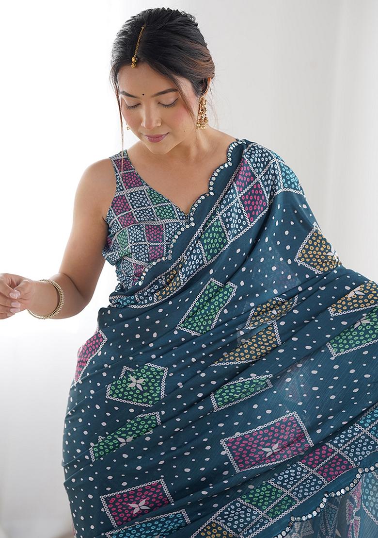 Teal Blue Mirror Work Chinon Saree Set