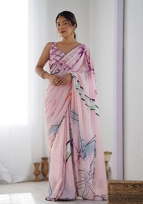 Baby Pink Mirror Work Chinon Saree Set