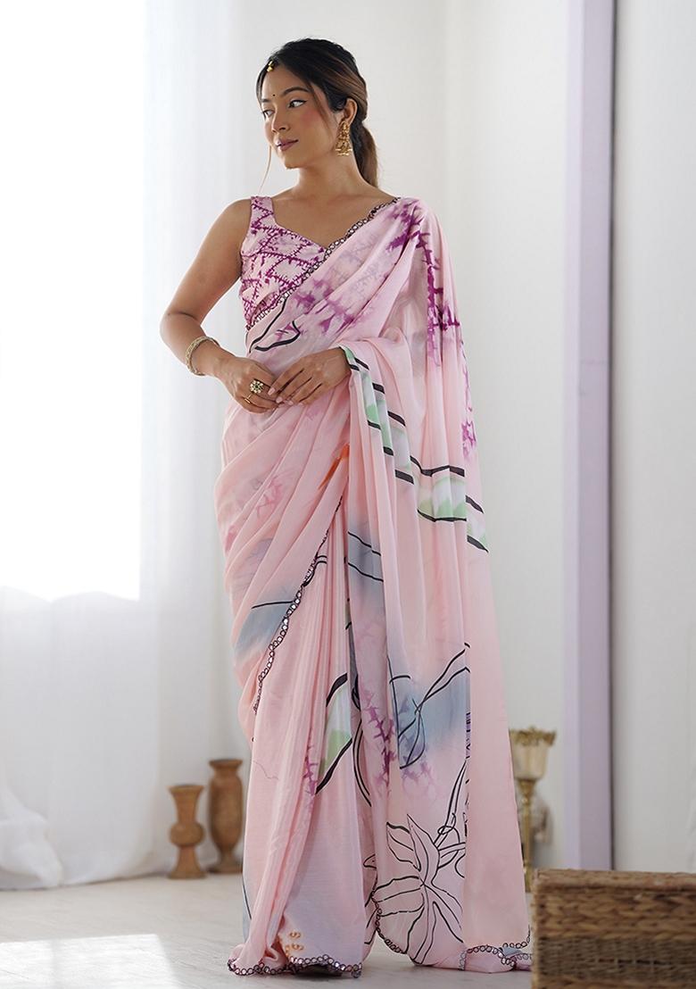 Baby Pink Mirror Work Chinon Saree Set
