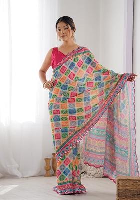Multicolor Mirror Work Chinon Saree Set