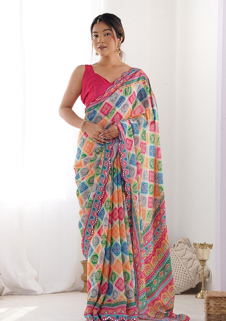 Multicolor Mirror Work Chinon Saree Set