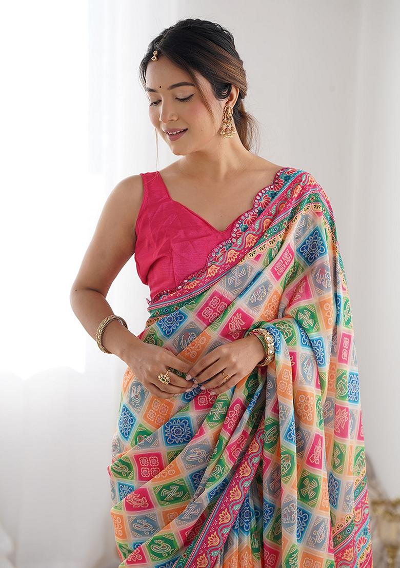 Multicolor Mirror Work Chinon Saree Set