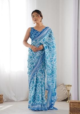 Light Blue Mirror Work Chinon Saree Set