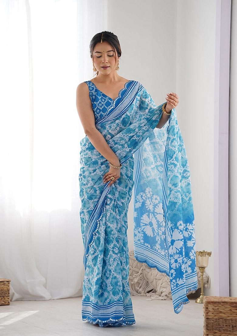 Light Blue Mirror Work Chinon Saree Set