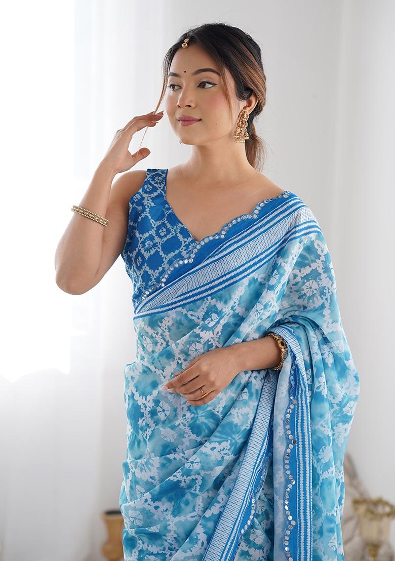 Light Blue Mirror Work Chinon Saree Set
