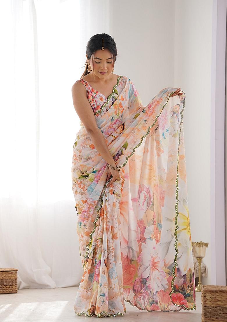 Multicolor Mirror Work Chinon Saree Set