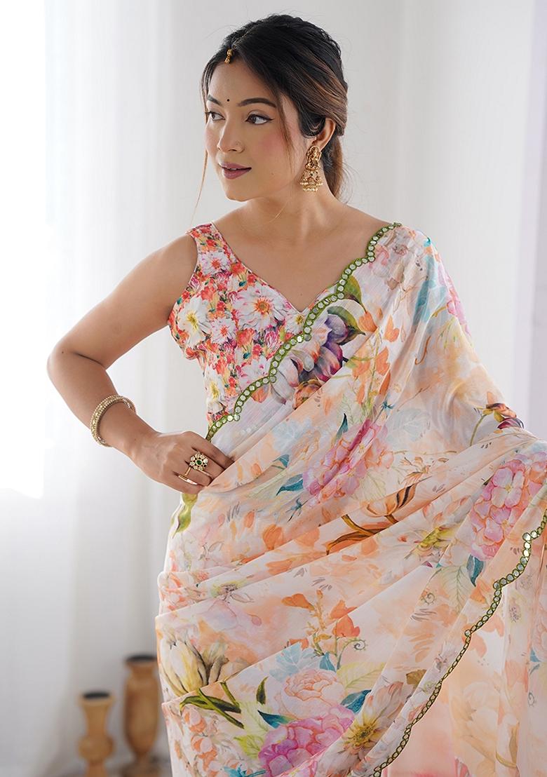 Multicolor Mirror Work Chinon Saree Set