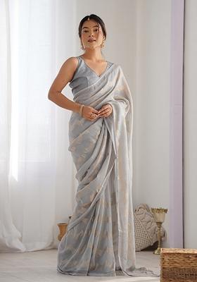 Grey Sequin Embroidered Georgette Saree Set