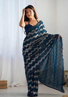 Morpeach Blue Sequin Embroidered Georgette Saree Set