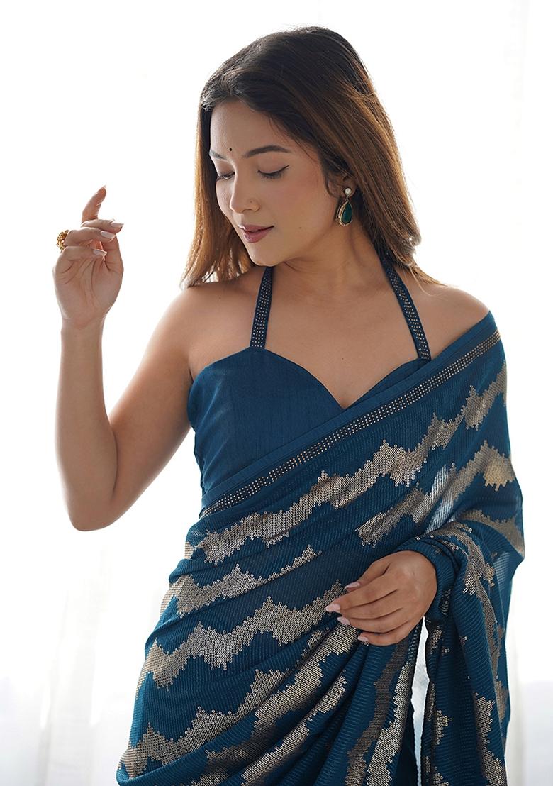 Morpeach Blue Sequin Embroidered Georgette Saree Set
