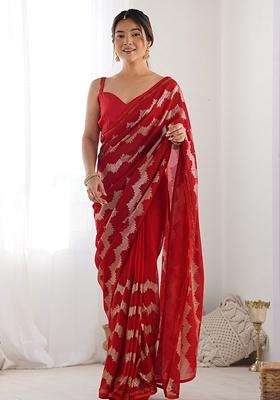 Red Sequin Embroidered Georgette Saree Set