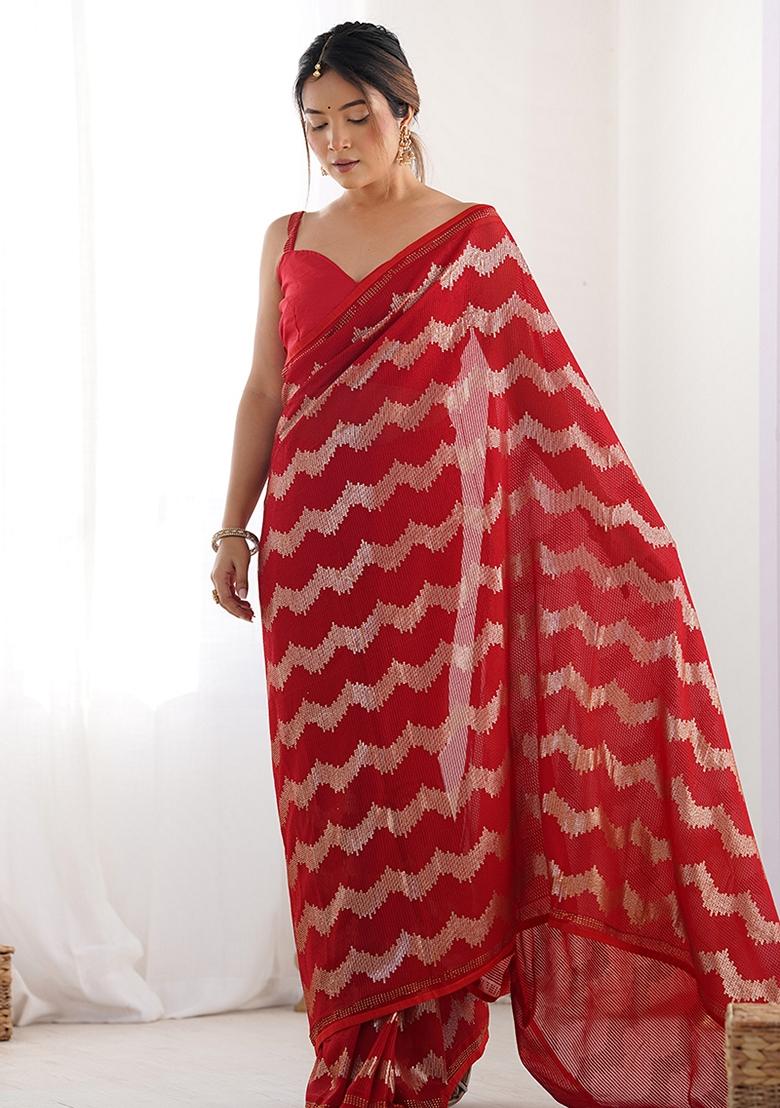 Red Sequin Embroidered Georgette Saree Set
