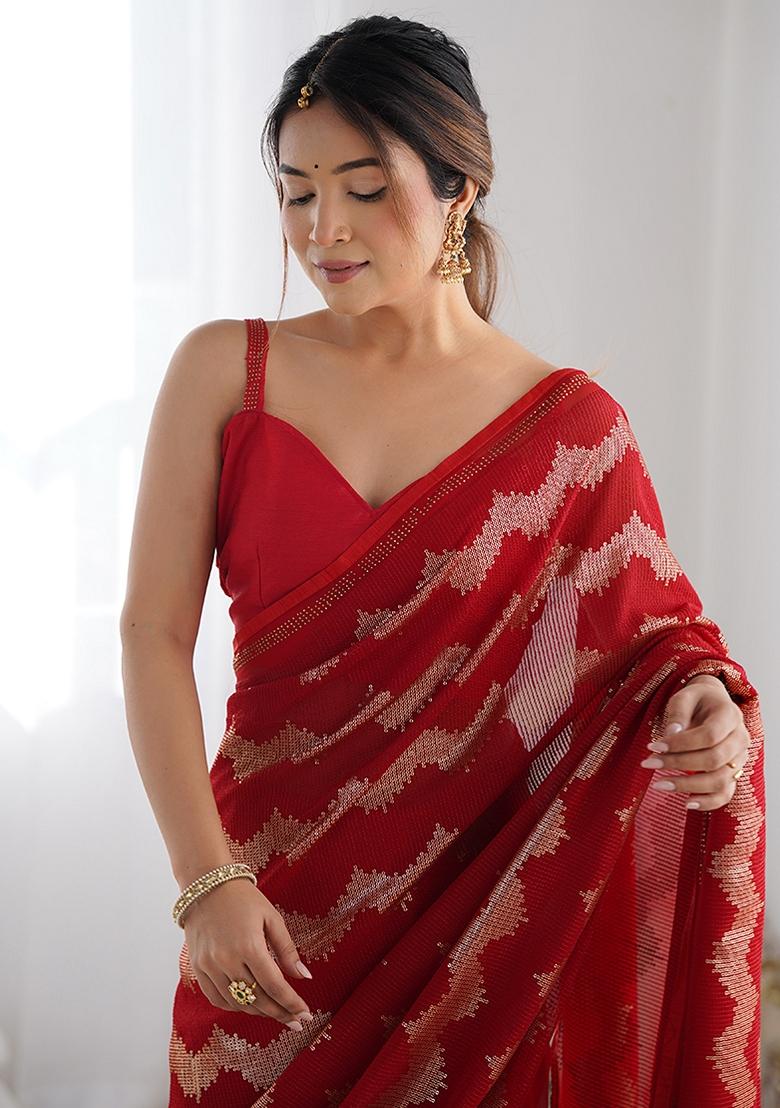 Red Sequin Embroidered Georgette Saree Set