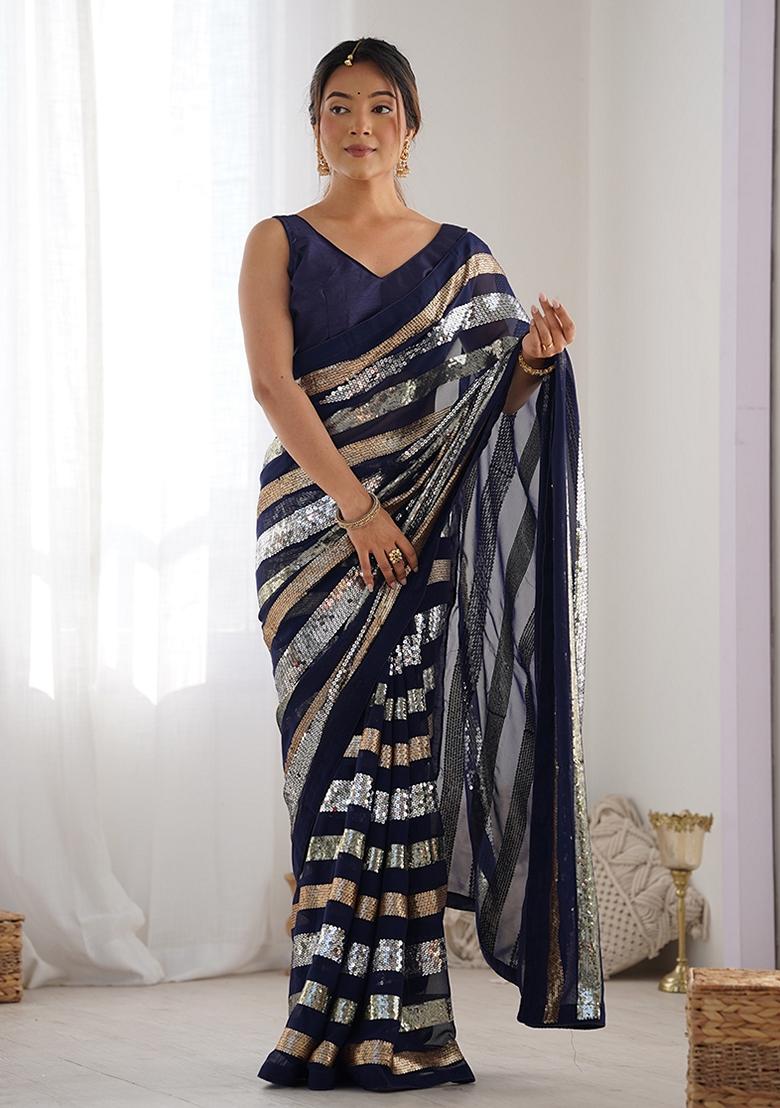 Navy Blue Sequin Embroidered Georgette Saree Set