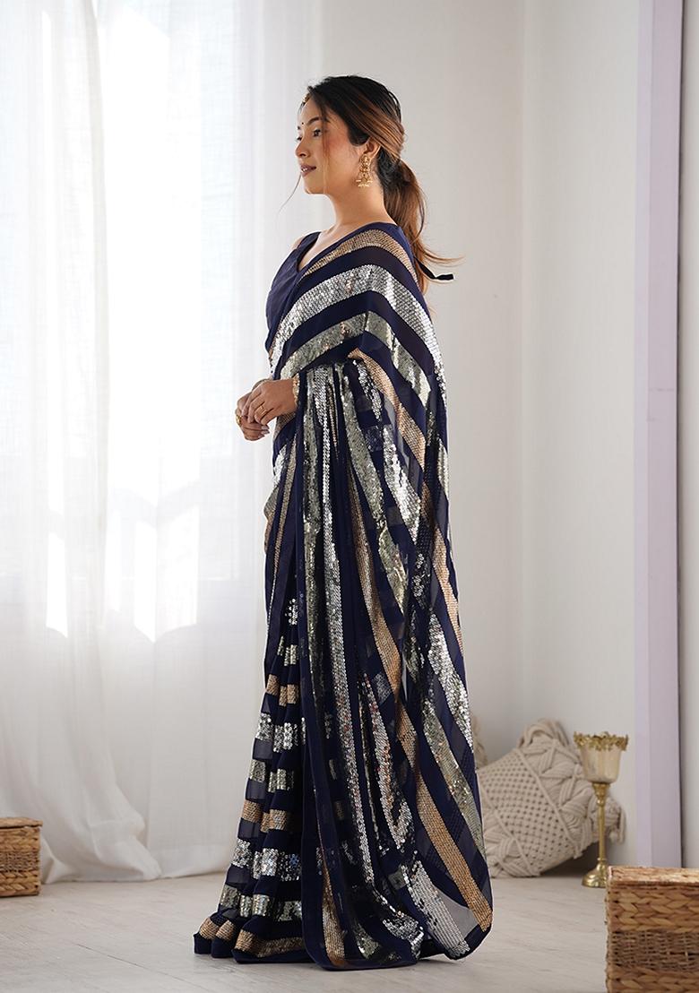Navy Blue Sequin Embroidered Georgette Saree Set