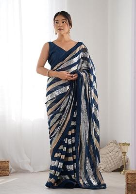 Morpeach Blue Sequin Embroidered Georgette Saree Set