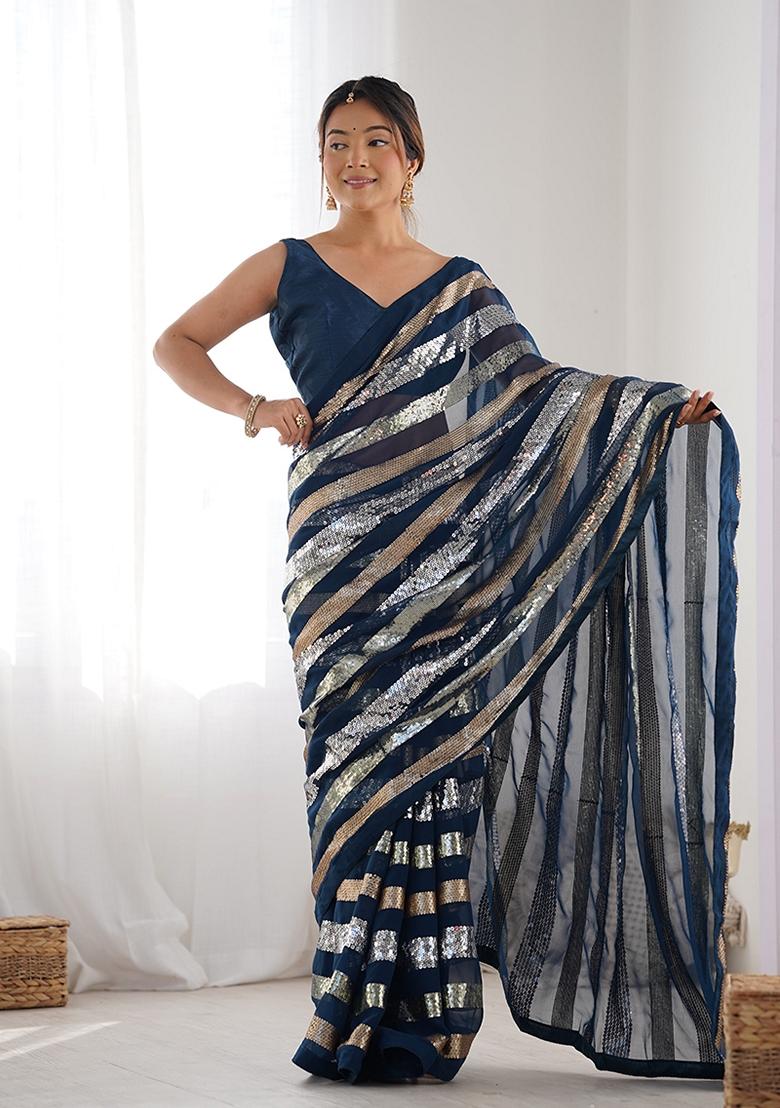 Morpeach Blue Sequin Embroidered Georgette Saree Set
