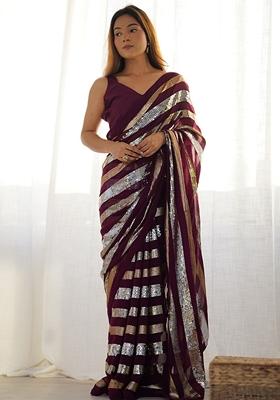Maroon Sequin Embroidered Georgette Saree Set