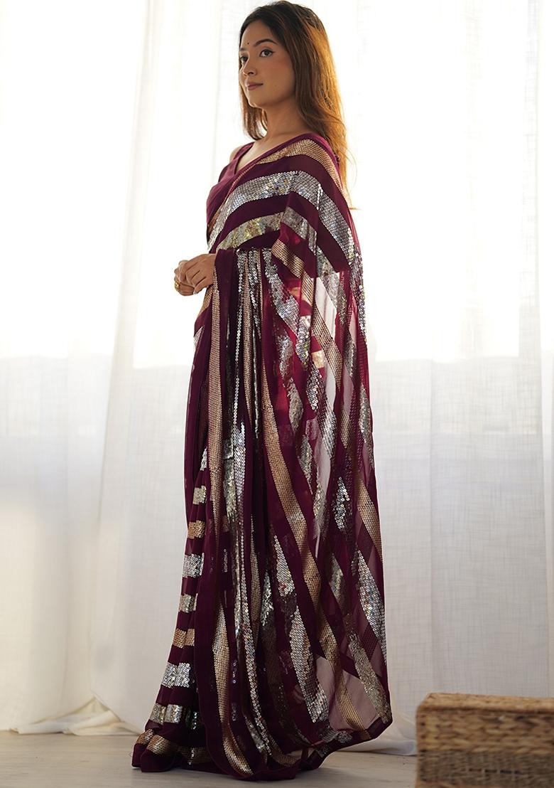 Maroon Sequin Embroidered Georgette Saree Set