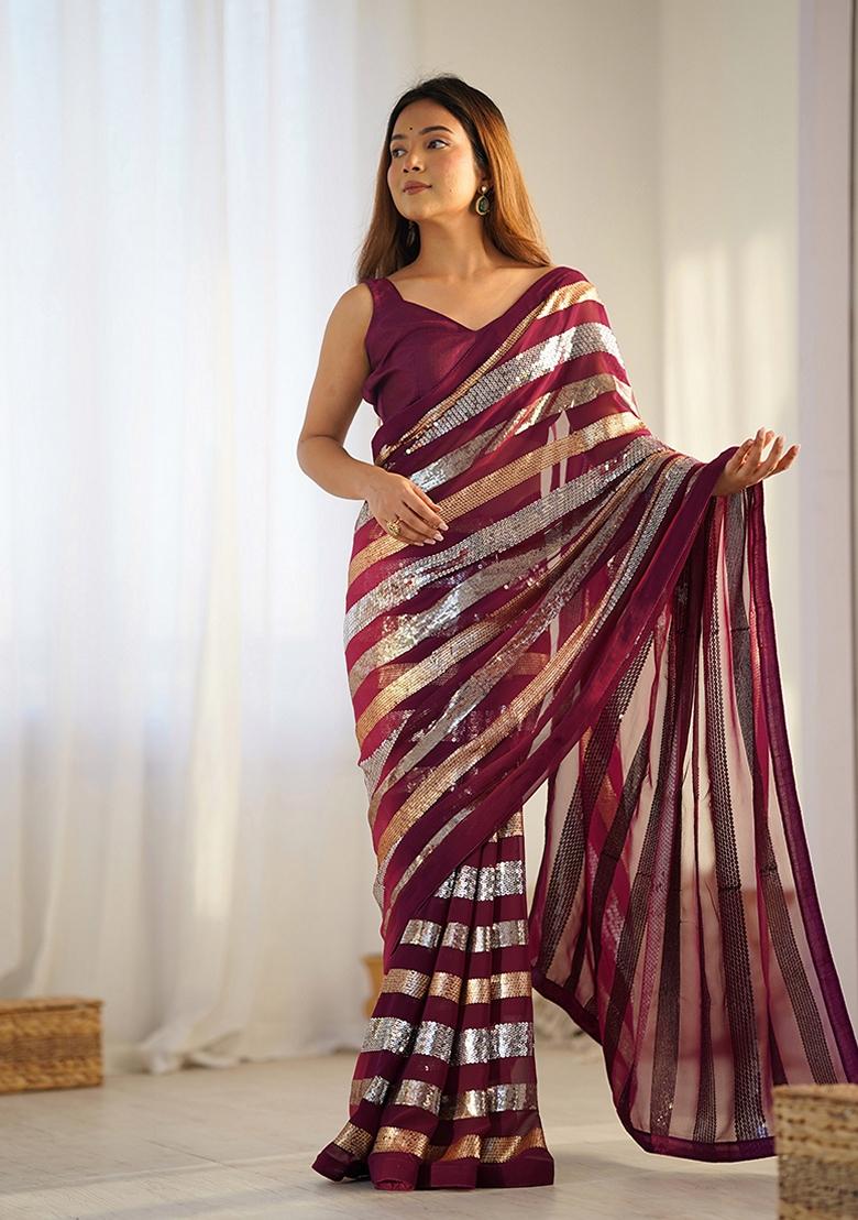 Maroon Sequin Embroidered Georgette Saree Set