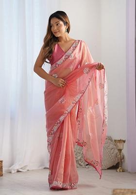 Peach Sequin Embroidered Net Saree Set