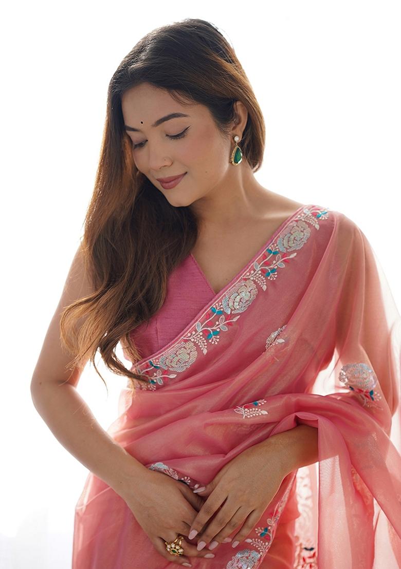 Peach Sequin Embroidered Net Saree Set