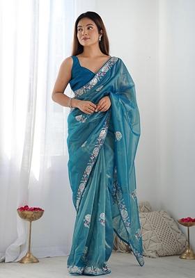 Teal Blue Sequin Embroidered Net Saree Set