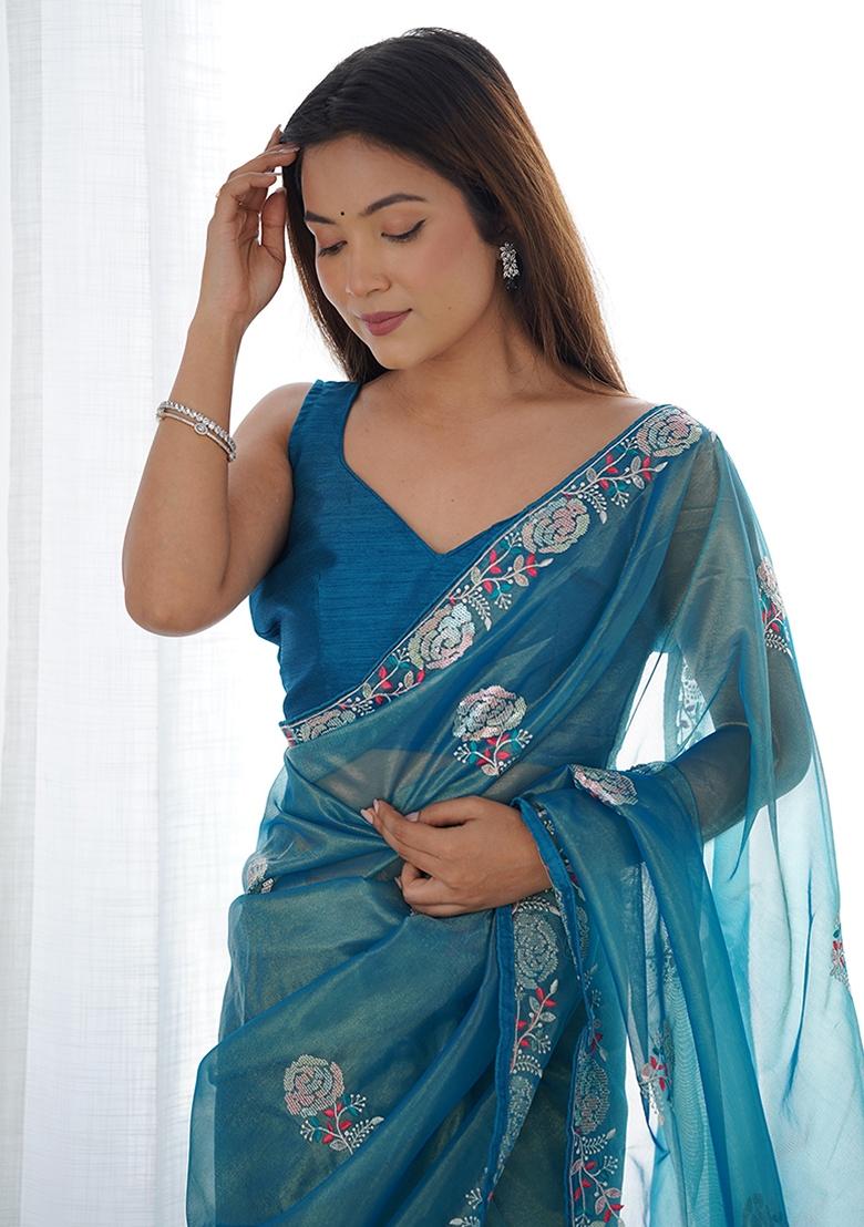 Teal Blue Sequin Embroidered Net Saree Set