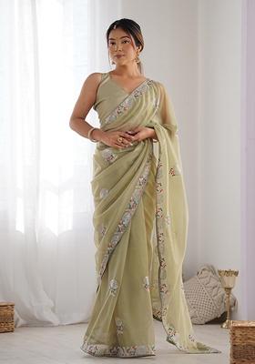 Pista Green Sequin Embroidered Net Saree Set