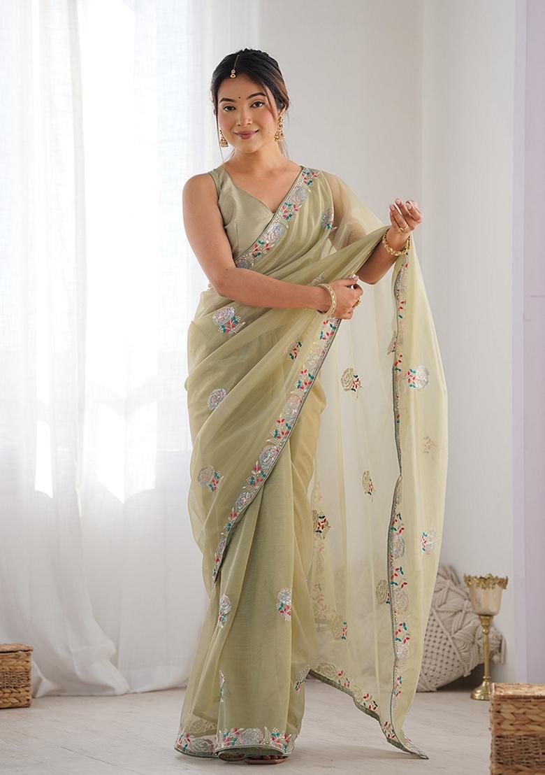 Pista Green Sequin Embroidered Net Saree Set